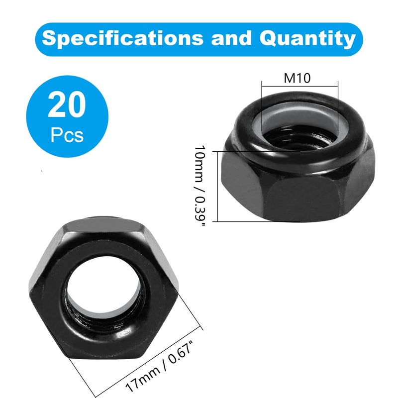 Yinpecly 20Pcs M10 x 1.5mm Nylon Insert Hex Lock Nuts Carbon Steel Zinc Plated Locknuts Self-Locking Nut M10 Metric Black Standard Threaded Nylock Nuts for Industrial Construction Fasteners - Image 2